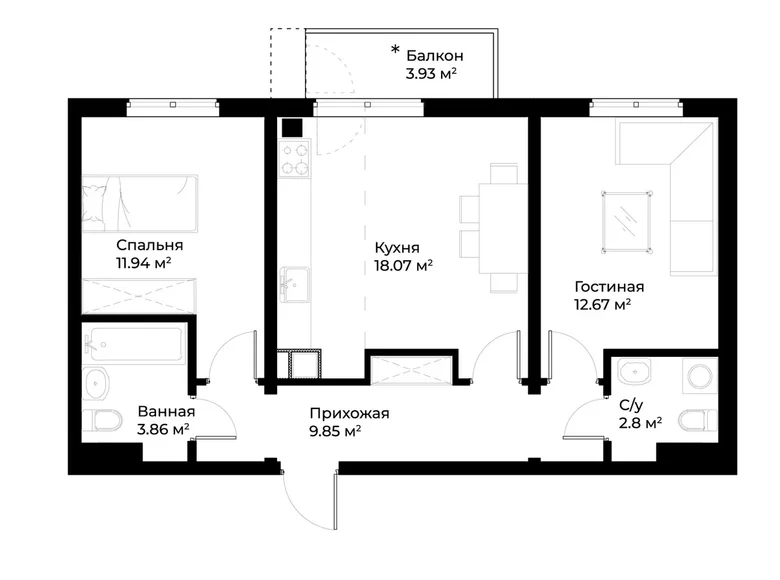 Kvartira 2 xonalar 60 m² Toshkentda