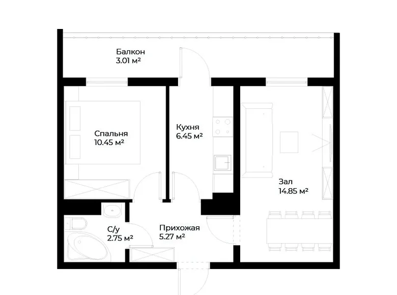 Квартира 2 комнаты 43 м² Ташкент, Узбекистан