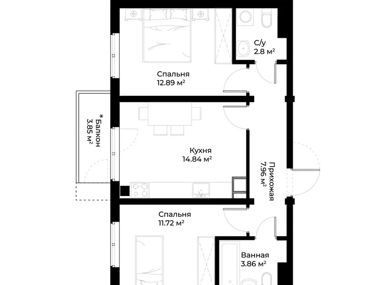 Квартира 2 комнаты 55 м² Ташкент, Узбекистан