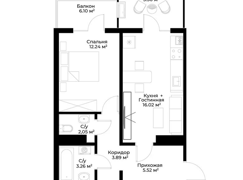 Квартира 1 комната 50 м² Ташкент, Узбекистан