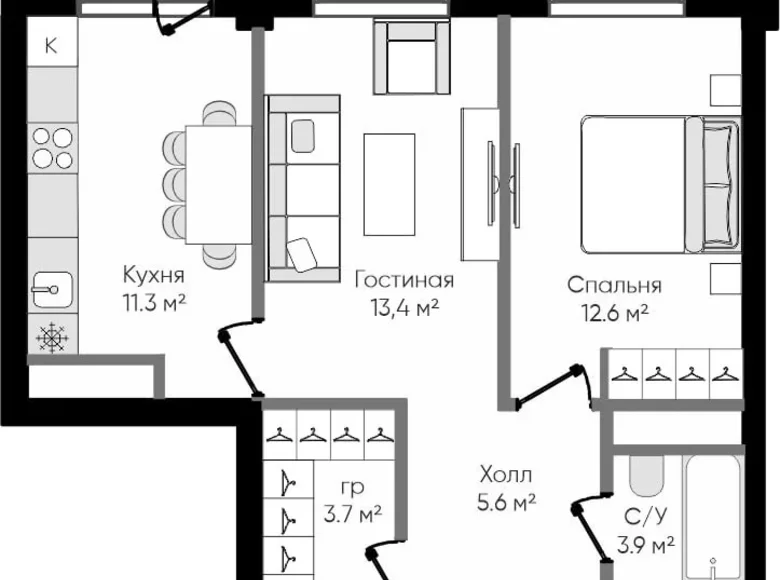 Kvartira 2 xonalar 51 m² Toshkentda
