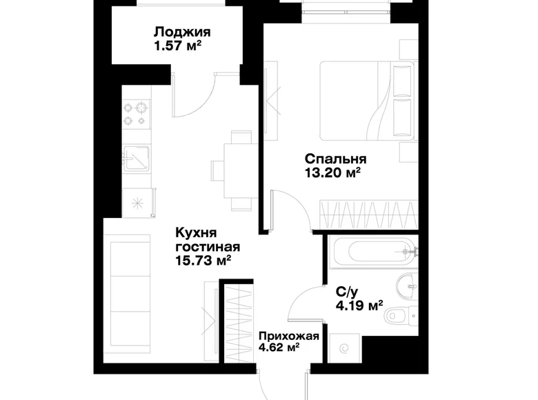 Kvartira 1 xona 39 m² Toshkentda