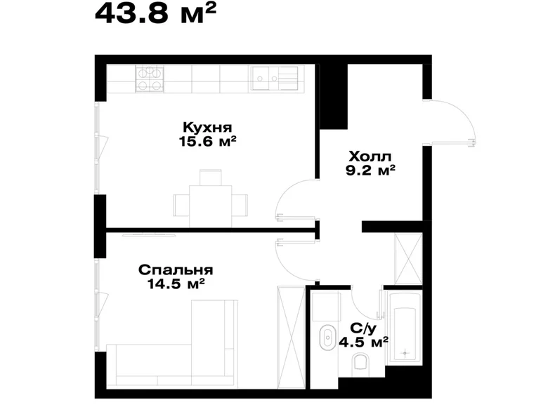 Квартира 1 комната 44 м² Ташкент, Узбекистан