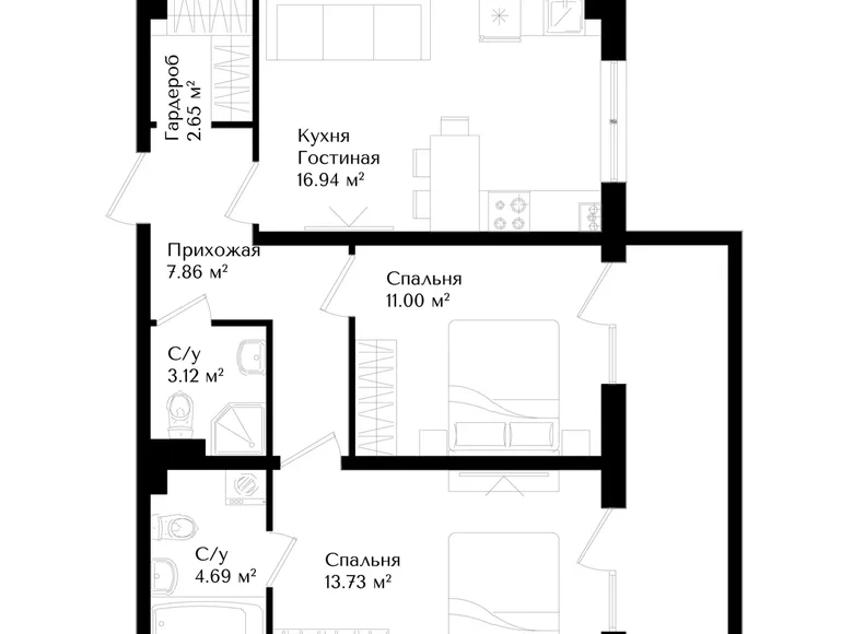 Квартира 2 комнаты 60 м² Ташкент, Узбекистан