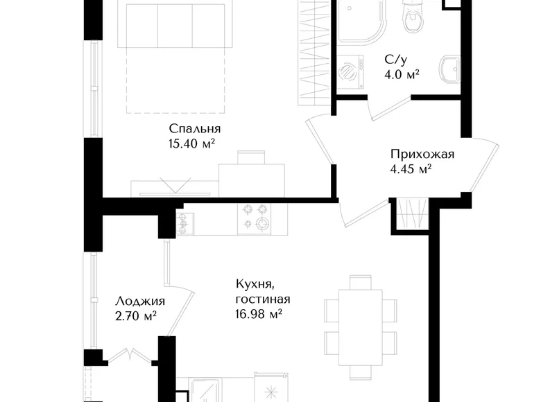 Kvartira 1 xona 43 m² Toshkentda