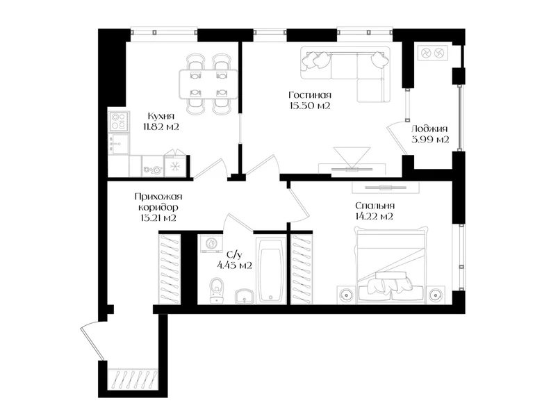 Квартира 2 комнаты 61 м² Ташкент, Узбекистан