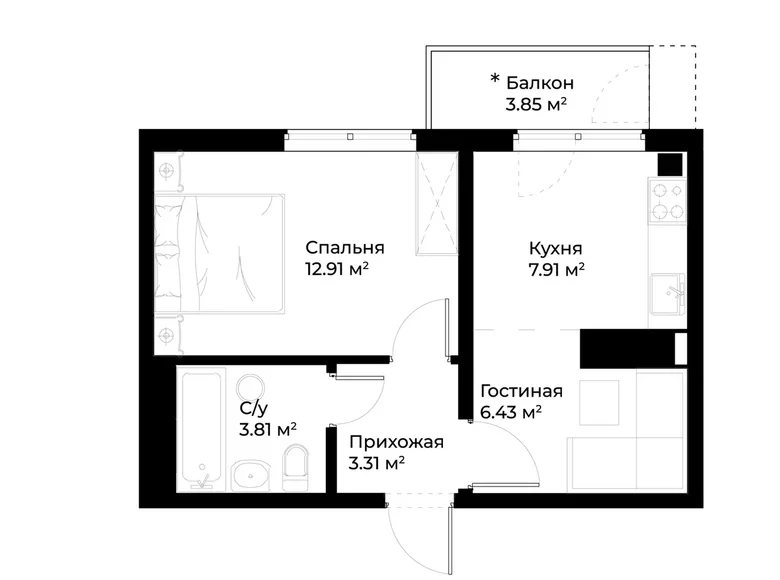 Квартира 1 комната 36 м² Ташкент, Узбекистан