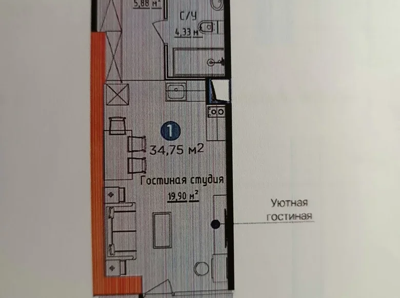 Kvartira 1 xona 35 m² Toshkentda