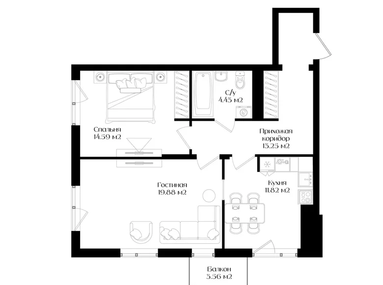 Квартира 2 комнаты 65 м² Ташкент, Узбекистан