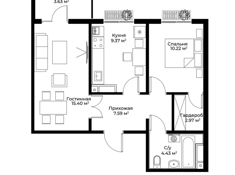 Квартира 2 комнаты 52 м² Ташкент, Узбекистан