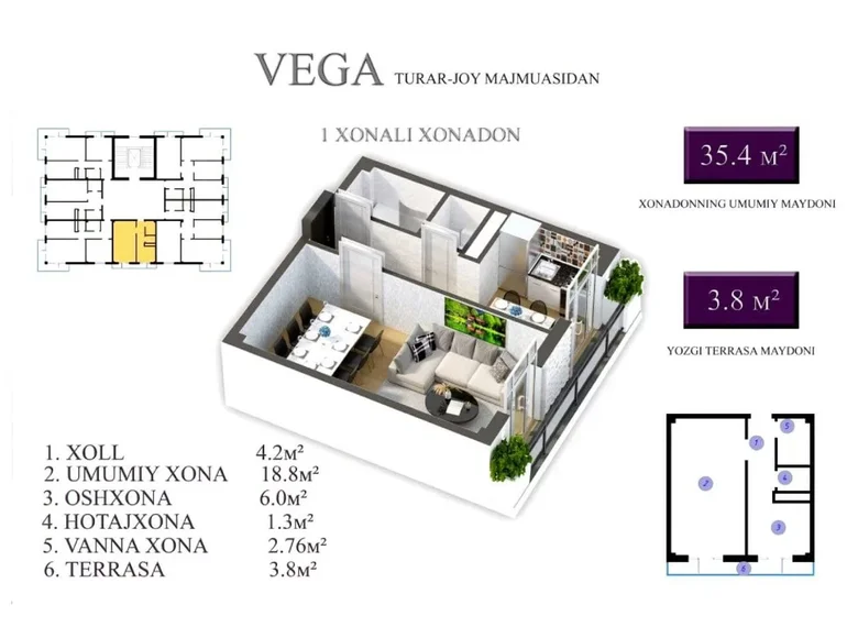 Kvartira 1 xona 36 m² Toshkentda