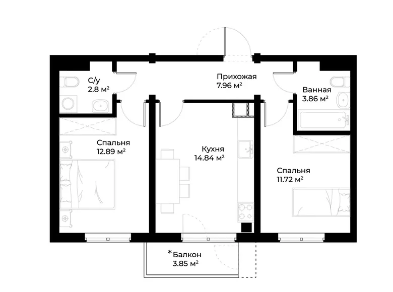 Квартира 2 комнаты 55 м² Ташкент, Узбекистан