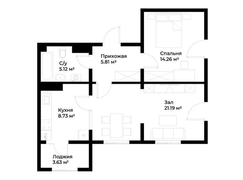 Kvartira 2 xonalar 59 m² in Shaykhontohur Tumani