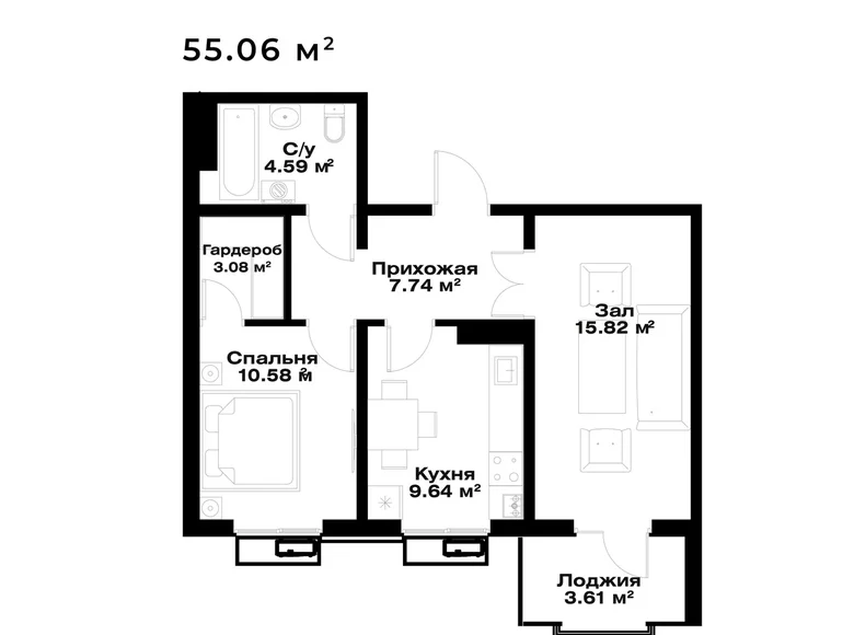 Квартира 2 комнаты 55 м² Ташкент, Узбекистан