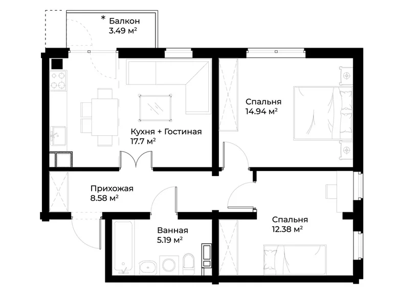 Квартира 2 комнаты 60 м² Ташкент, Узбекистан