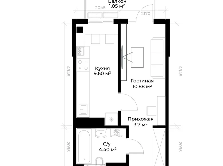 Квартира 1 комната 29 м² Ташкент, Узбекистан