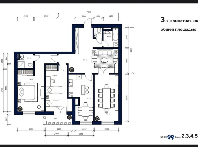 Kvartira 3 xonalar 115 m² Toshkentda