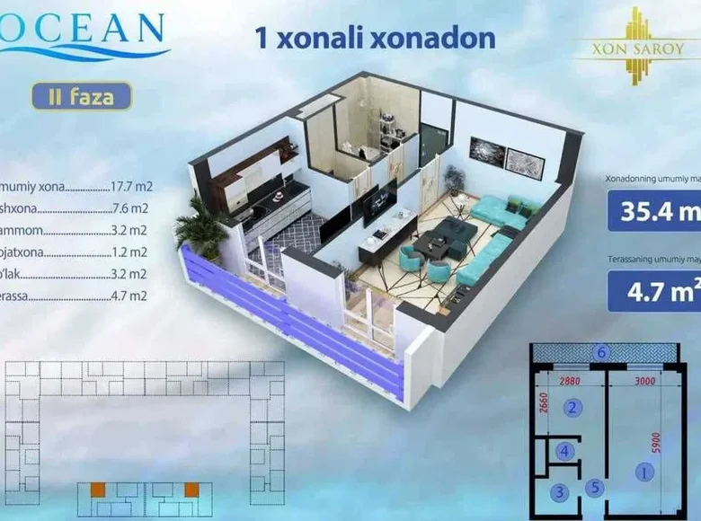 Квартира 1 комната 35 м² Ташкент, Узбекистан