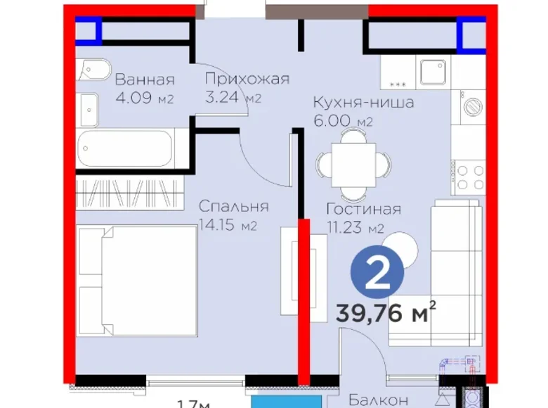 Kvartira 2 xonalar 40 m² Toshkentda