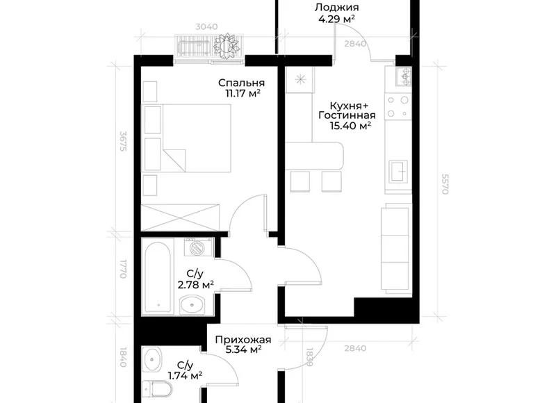 Квартира 1 комната 37 м² Ташкент, Узбекистан