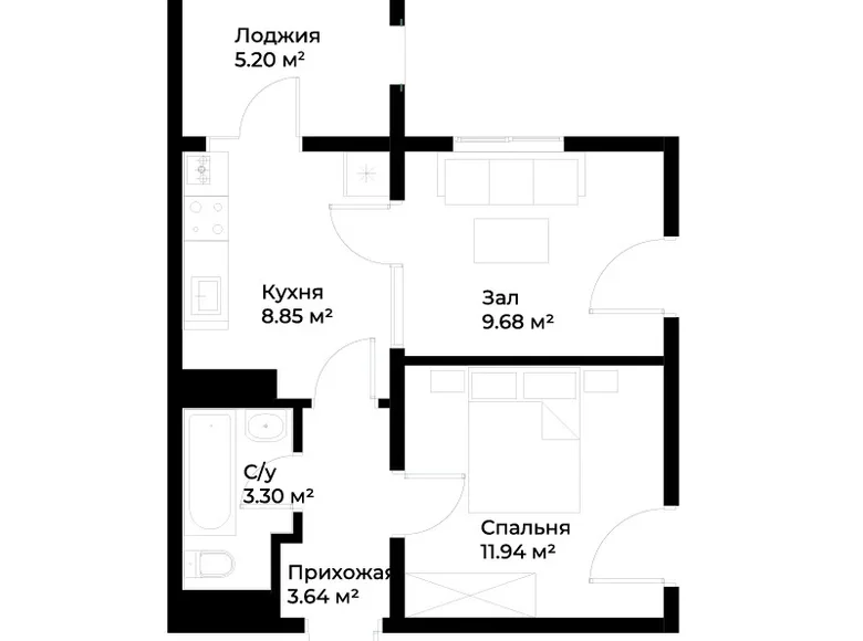 Kvartira 2 xonalar 43 m² in Shaykhontohur Tumani