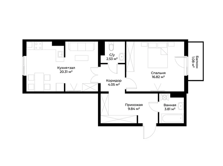 Квартира 1 комната 58 м² Ташкент, Узбекистан