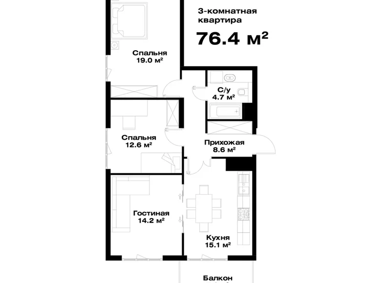 Квартира 3 комнаты 76 м² Ташкент, Узбекистан