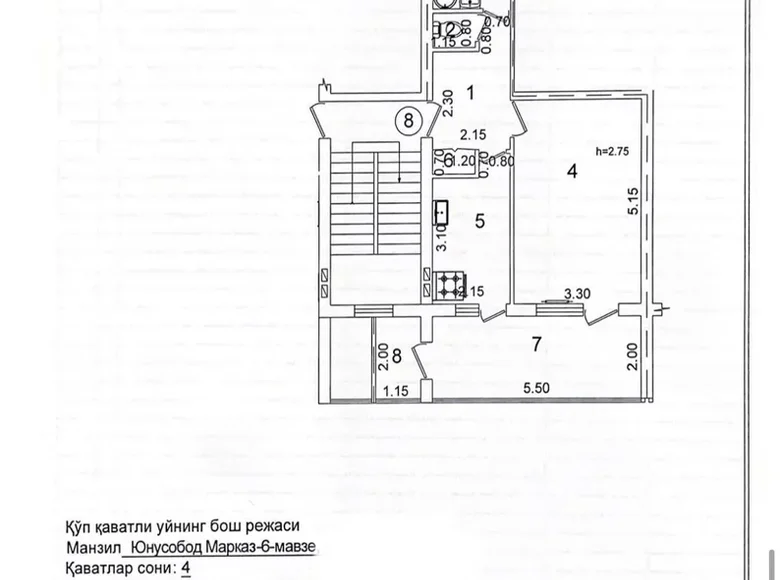 Kvartira 1 xona 48 m² Toshkentda