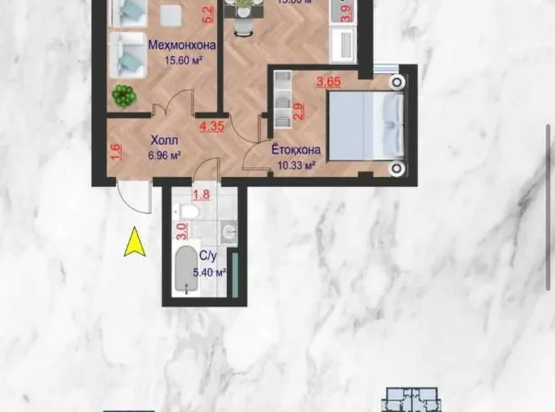 Квартира 2 комнаты 60 м² Ташкент, Узбекистан