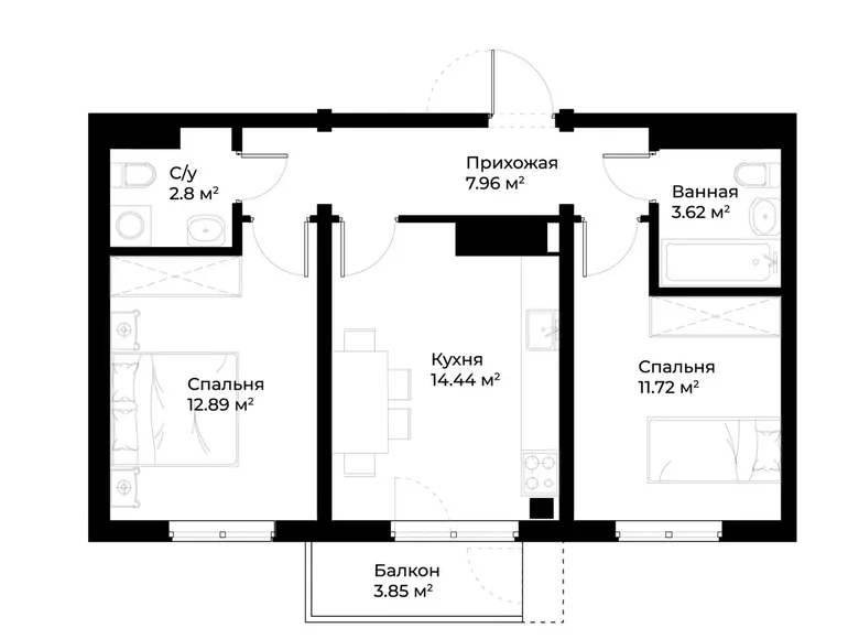 Kvartira 2 xonalar 55 m² Toshkentda