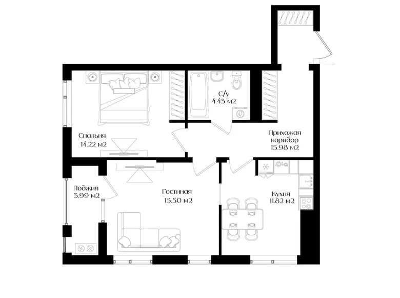 Квартира 2 комнаты 62 м² Ташкент, Узбекистан