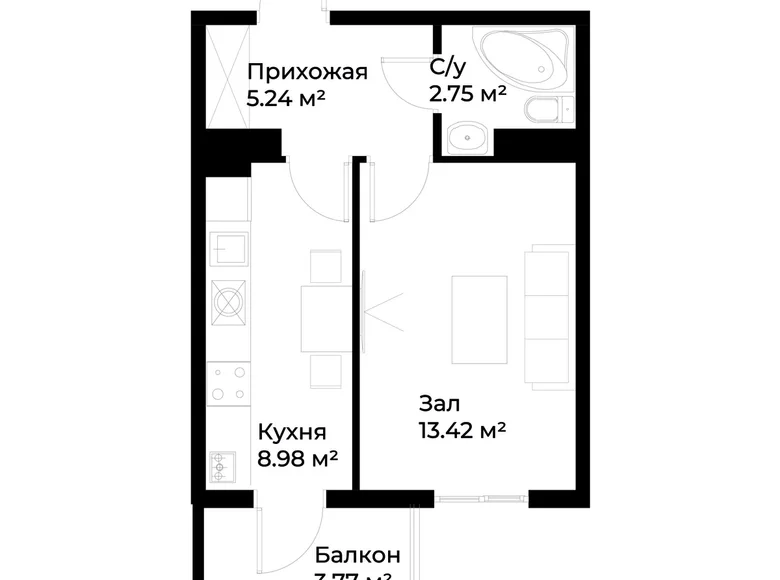 Kvartira 1 xona 32 m² Toshkentda