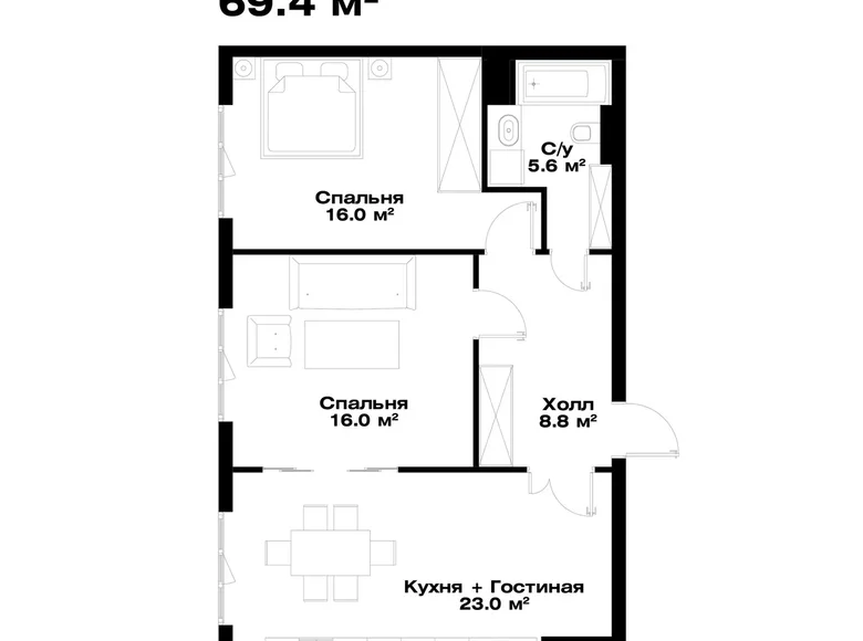 Квартира 2 комнаты 69 м² Ташкент, Узбекистан