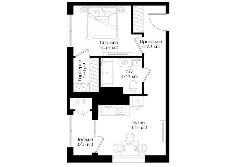 Kvartira 1 xona 37 m² Toshkentda
