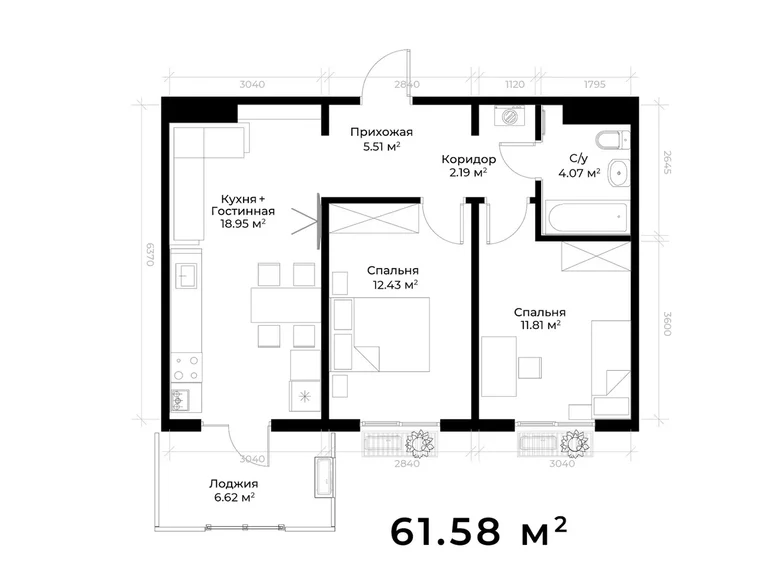 Квартира 2 комнаты 57 м² Ташкент, Узбекистан