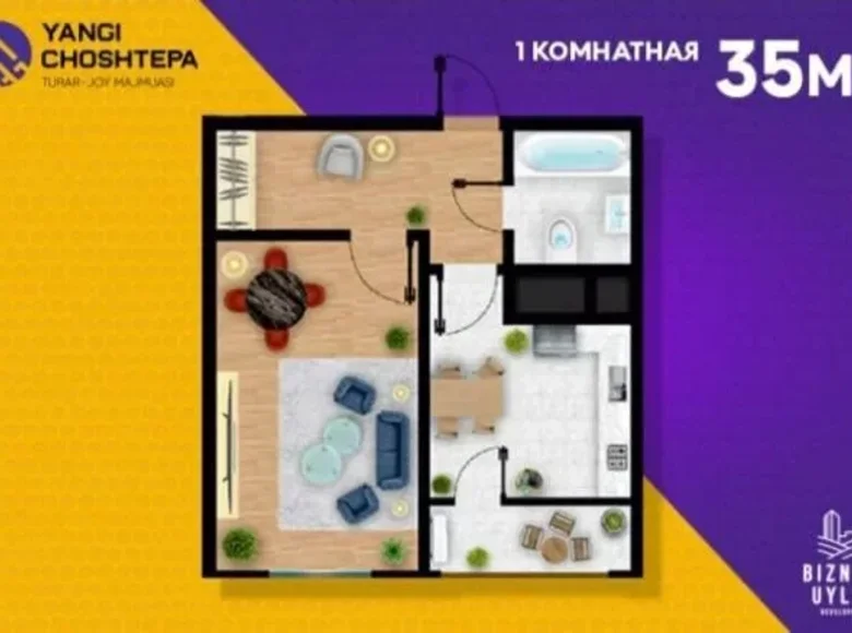 Kvartira 1 xona 36 m² Toshkentda