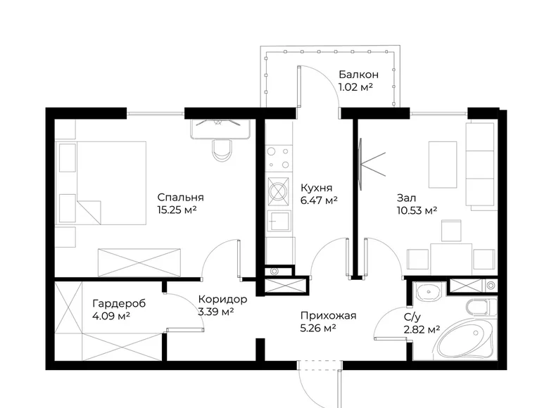 Квартира 2 комнаты 49 м² Ташкент, Узбекистан