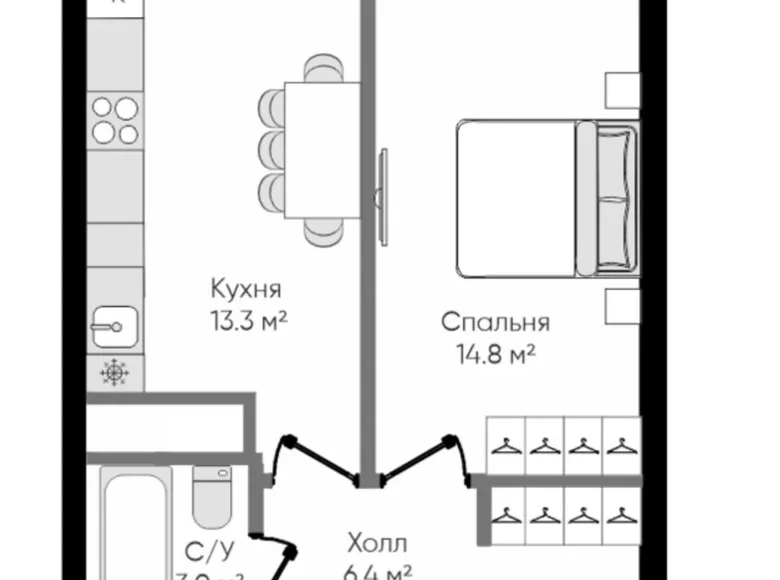 Kvartira 1 xona 39 m² Toshkentda