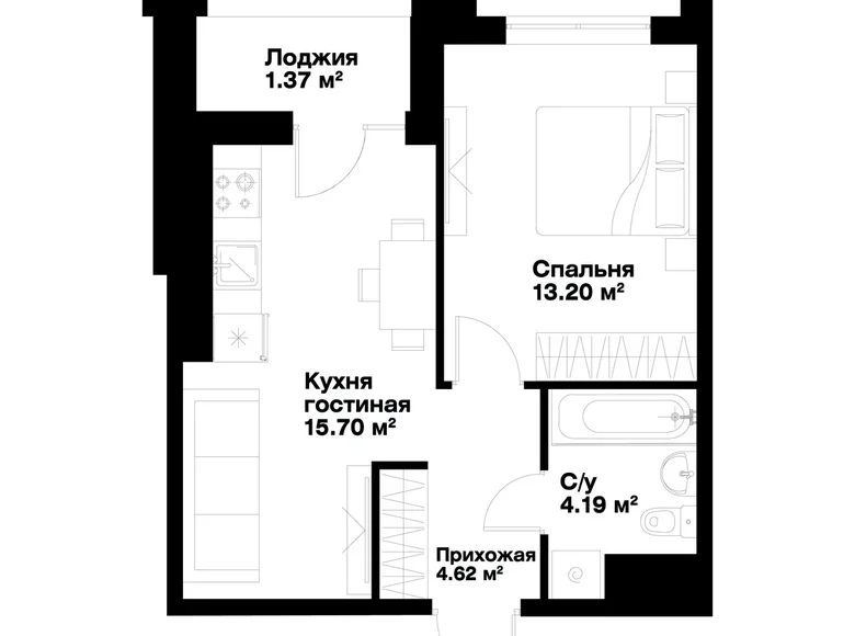 Квартира 1 комната 39 м² Ташкент, Узбекистан