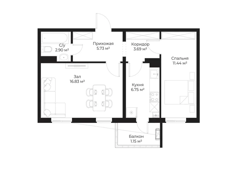 Квартира 2 комнаты 48 м² Ташкент, Узбекистан