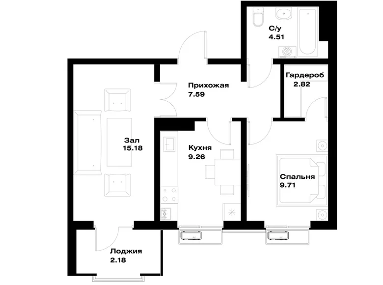 Kvartira 2 xonalar 51 m² Toshkentda