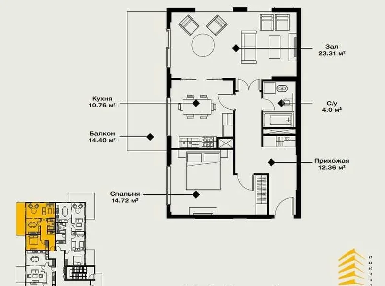 Kvartira 2 xonalar 70 m² Toshkentda