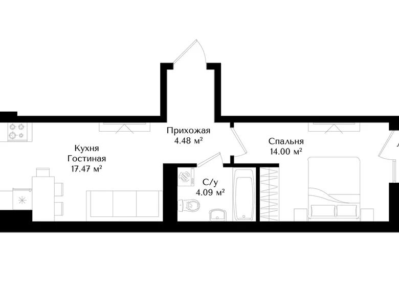 Kvartira 1 xona 42 m² Toshkentda