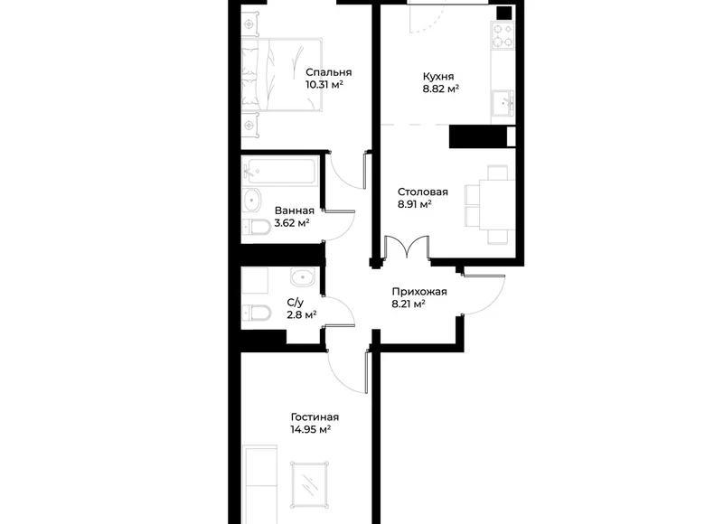 Квартира 2 комнаты 59 м² Ташкент, Узбекистан