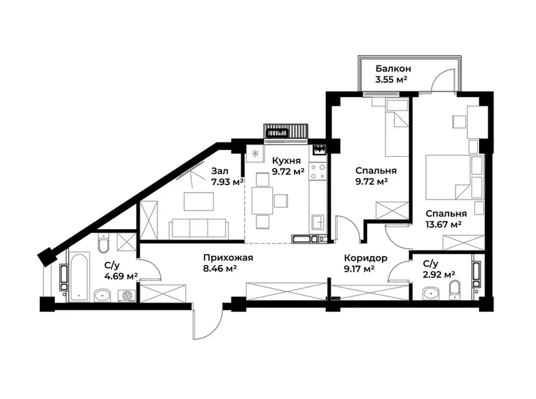 Kvartira 2 xonalar 70 m² Toshkentda