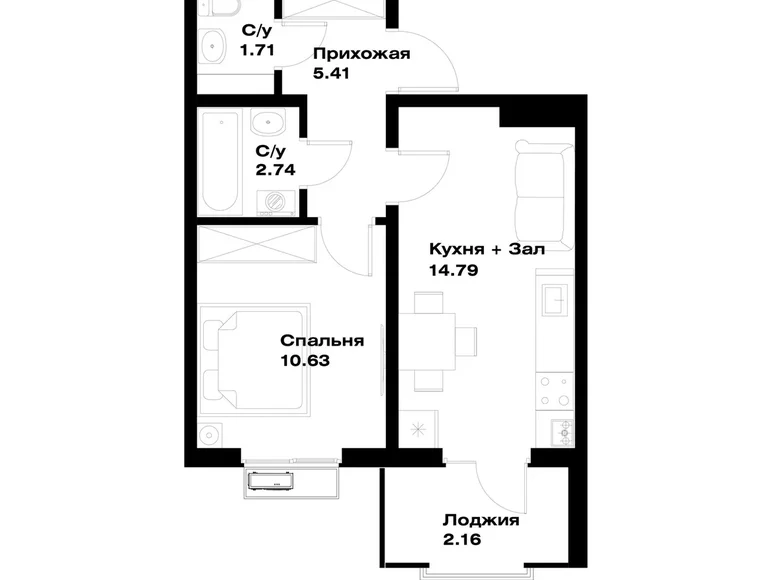 Kvartira 1 xona 37 m² Toshkentda