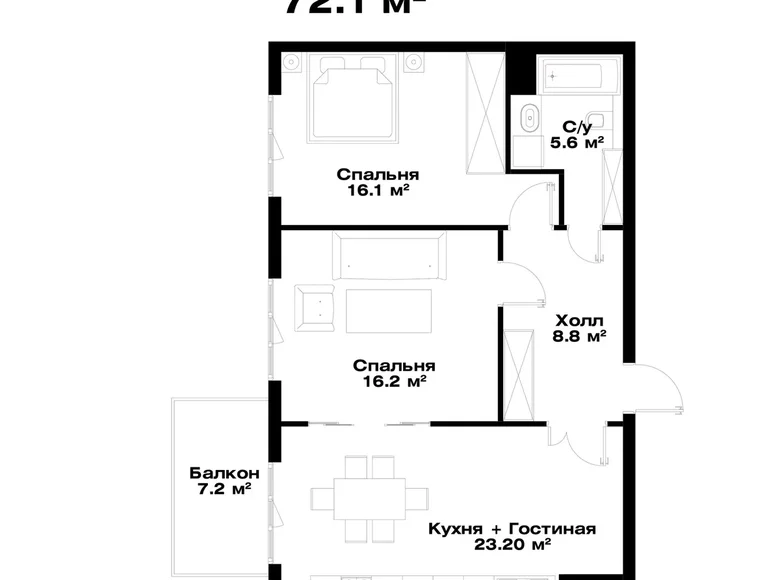 Квартира 2 комнаты 72 м² Ташкент, Узбекистан