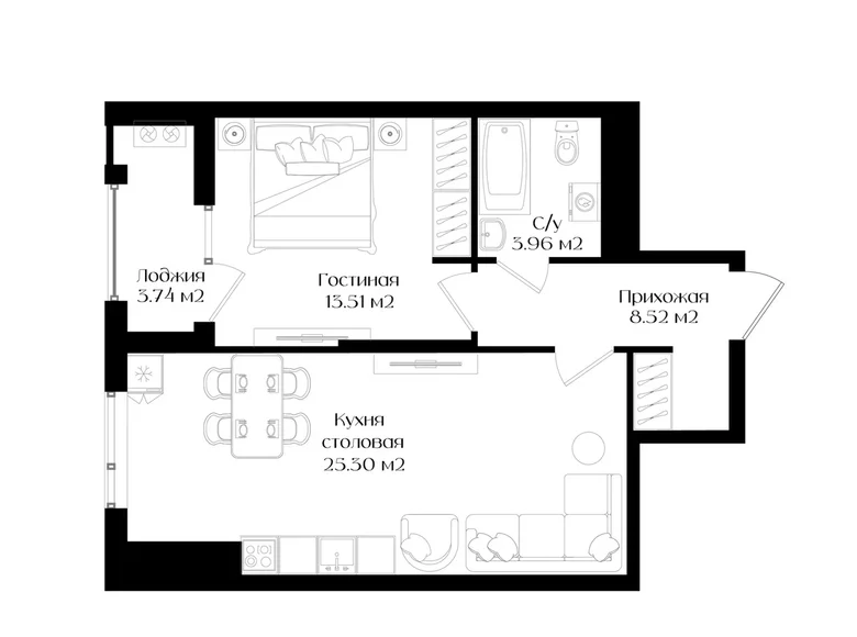 Kvartira 1 xona 51 m² Toshkentda