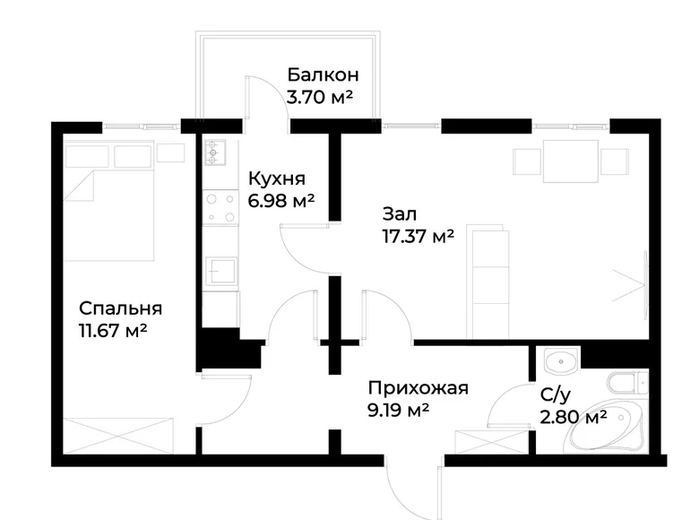 Квартира 2 комнаты 49 м² Ташкент, Узбекистан