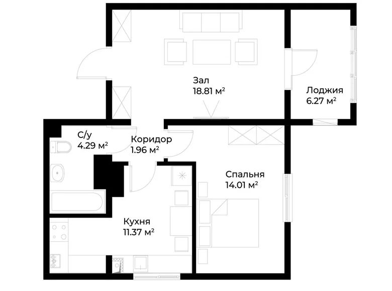 Квартира 2 комнаты 54 м² Ташкент, Узбекистан